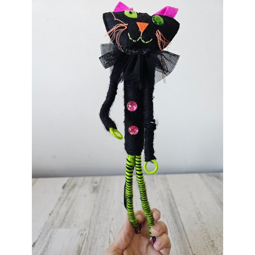 Bendable cat Halloween decor rhinestone ornament largeshabby chic green black un